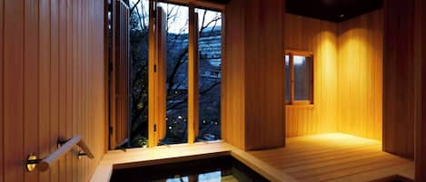 Japanese-Style Room with Mountain view -semi Open-Air Bath | Bathroom | Free toiletries, hair dryer, slippers, bidet