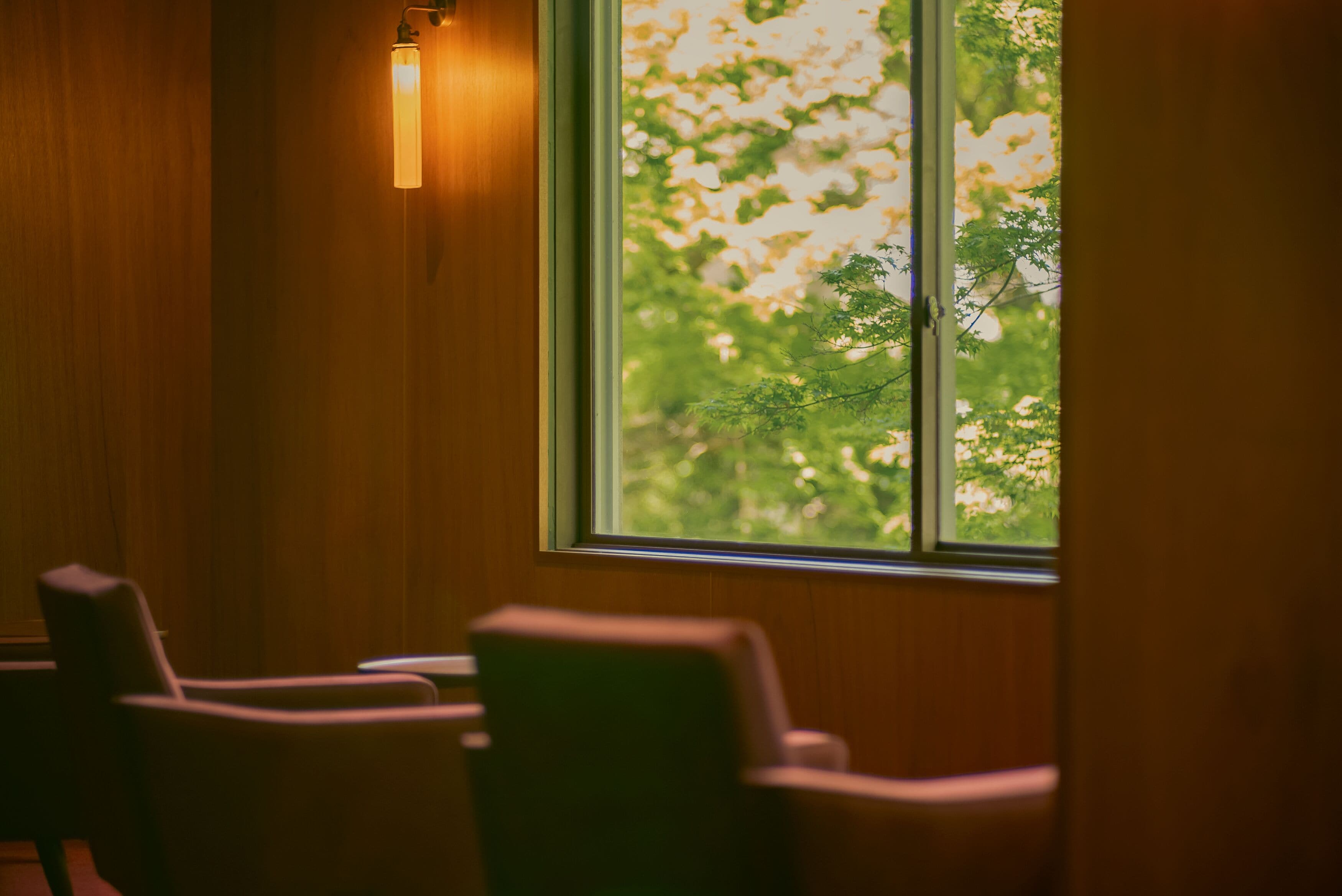 A room with wooden walls, a window with a view of trees, and two chairs.