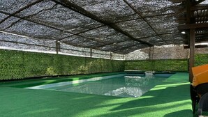 An indoor swimming pool with artificial turf and a netted ceiling.