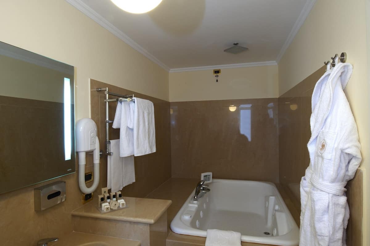 separate bathtub and shower, jetted bath, free toiletries, hair dryer