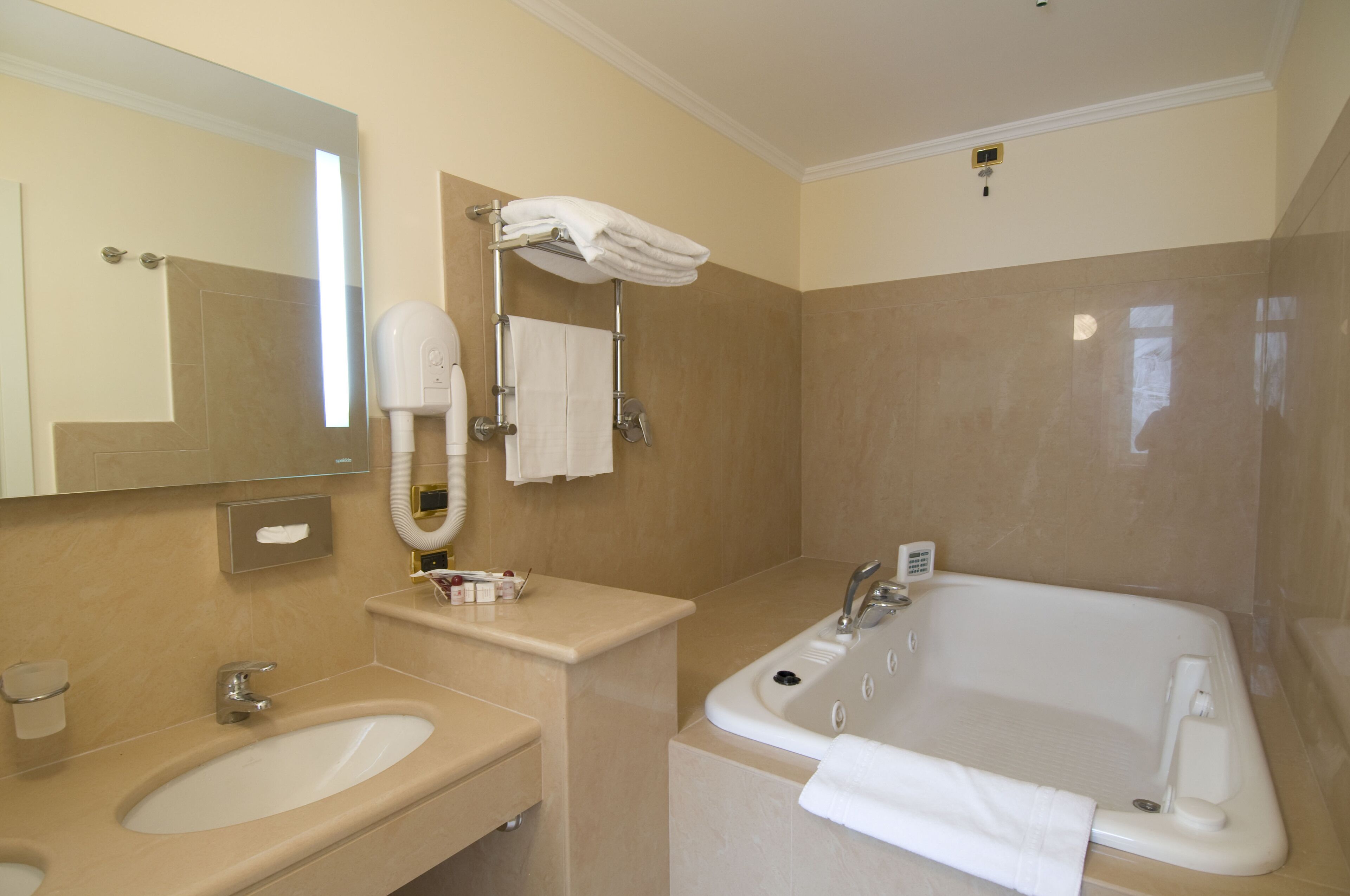 separate bathtub and shower, jetted bath, free toiletries, hair dryer