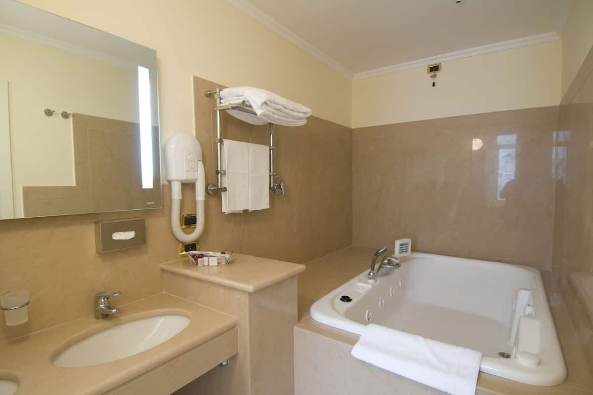separate bathtub and shower, jetted bath, free toiletries, hair dryer