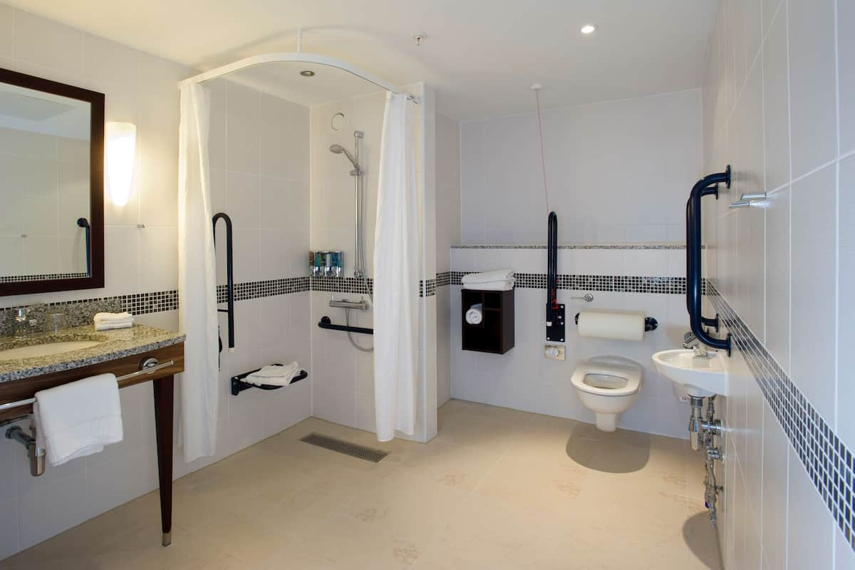 room, 1 queen bed, accessible | bathroom | shower, free toiletries, hair dryer, towels