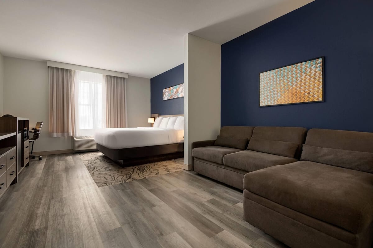 A hotel room with a bed, a sofa, a desk, and a chair.