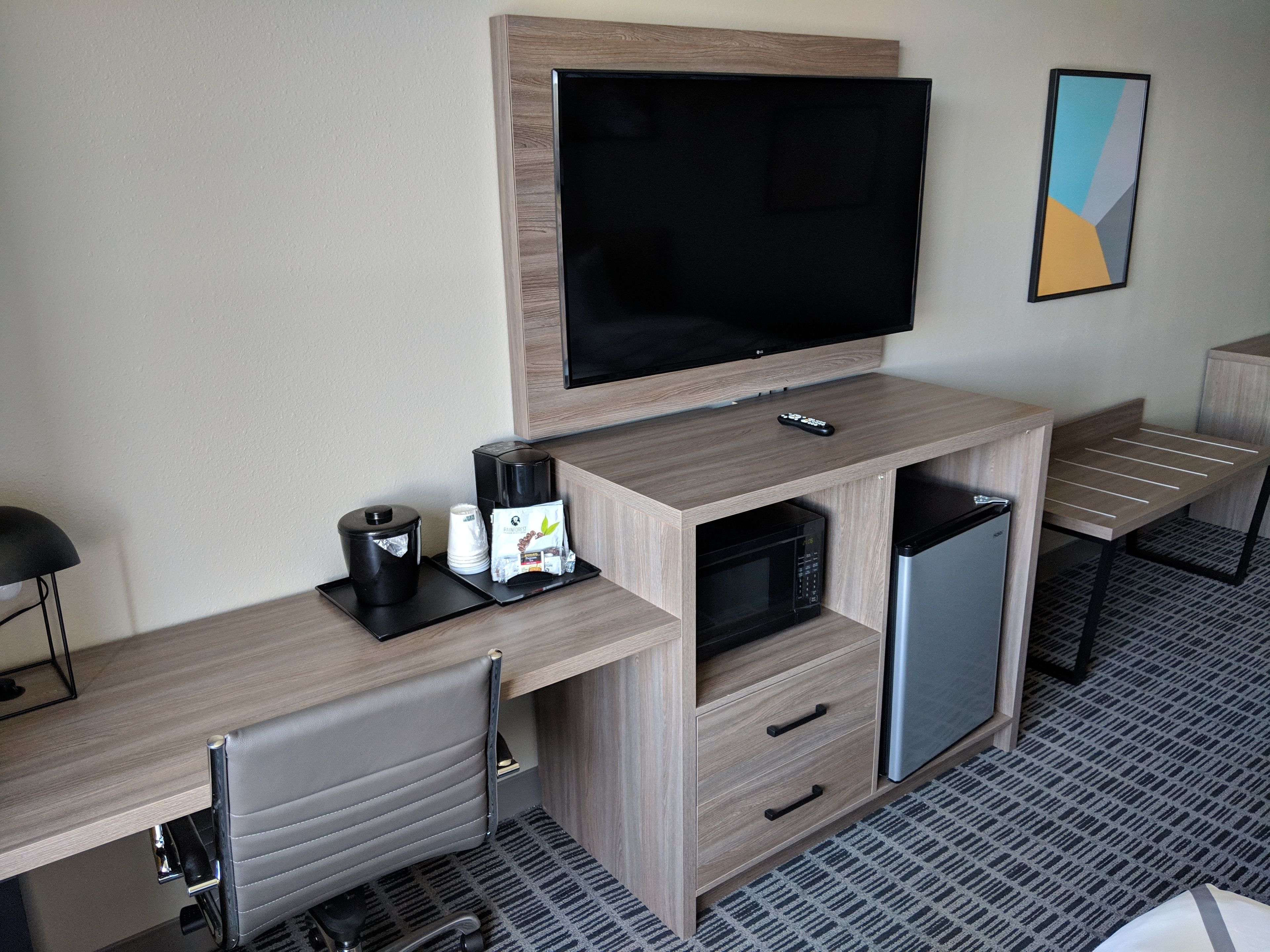 premium bedding, desk, laptop workspace, blackout curtains