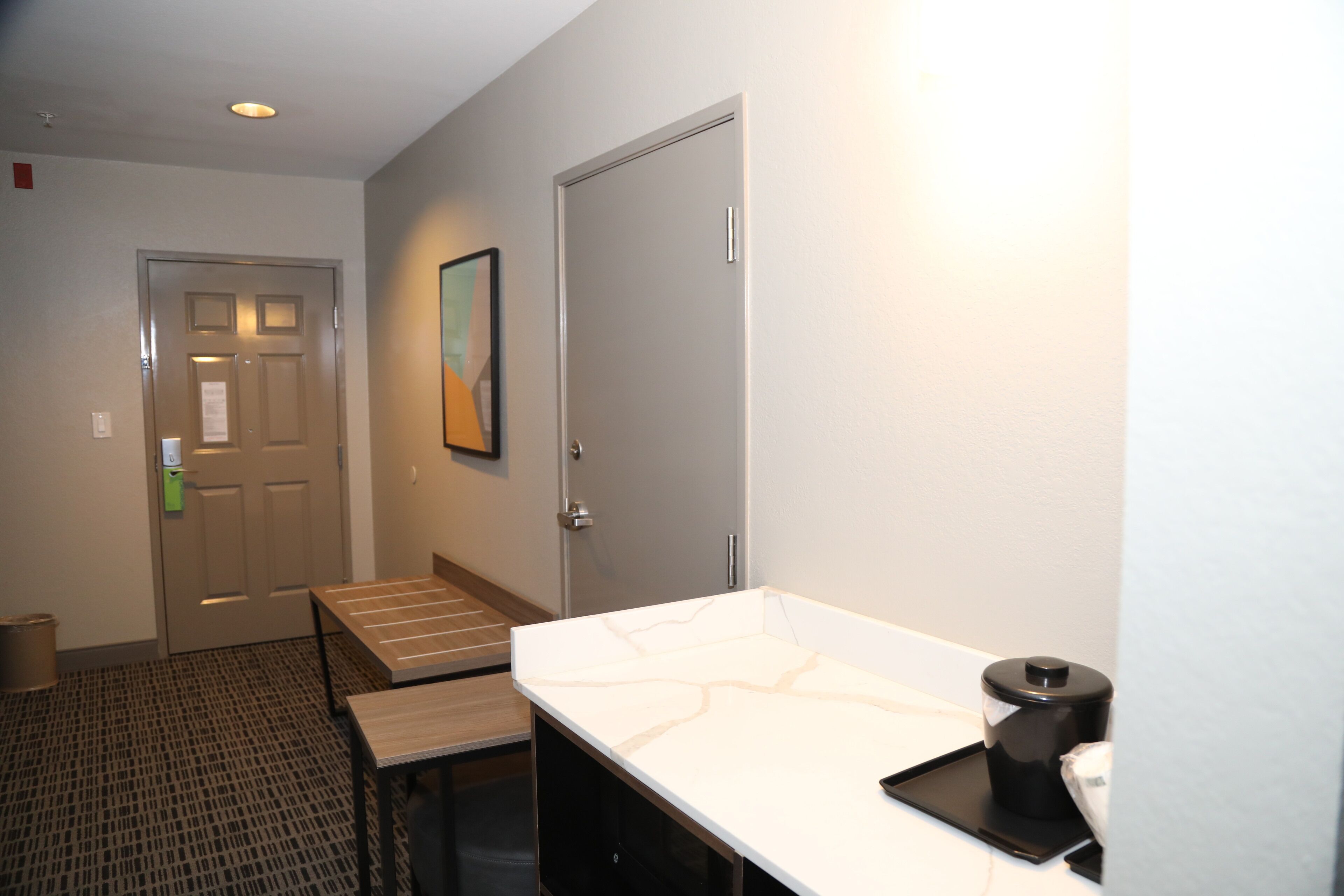 premium bedding, desk, laptop workspace, blackout curtains