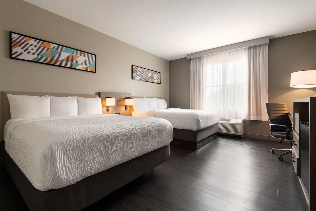 Room, 2 Double Beds, Accessible, Non Smoking (Mobility) | Premium bedding, desk, laptop workspace, blackout drapes