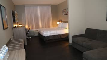 A hotel room with a bed, a sofa, a desk, and a chair.