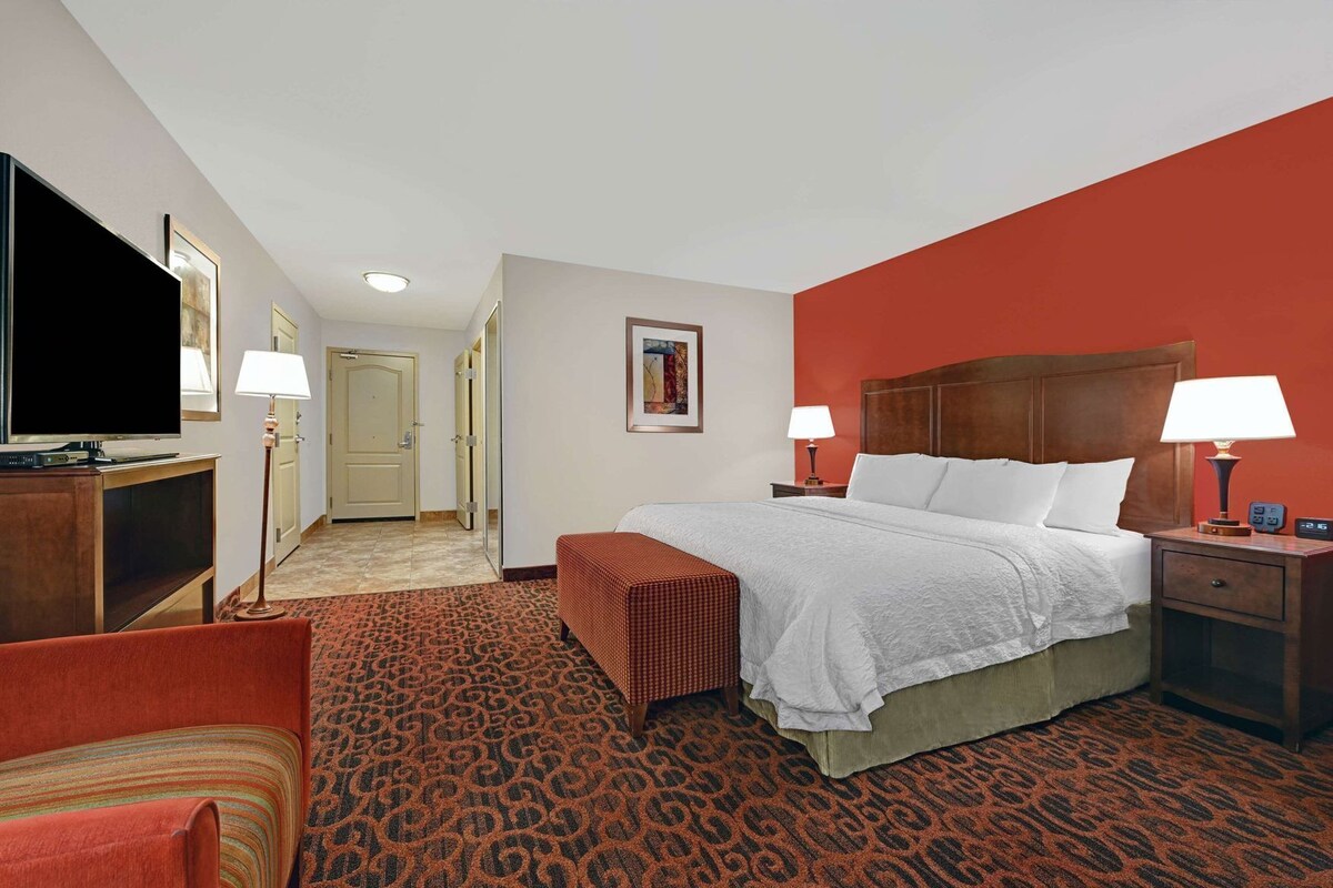 Quarto de hotel com cama, mesas de cabeceira, televisão, abajur, tapete e porta.