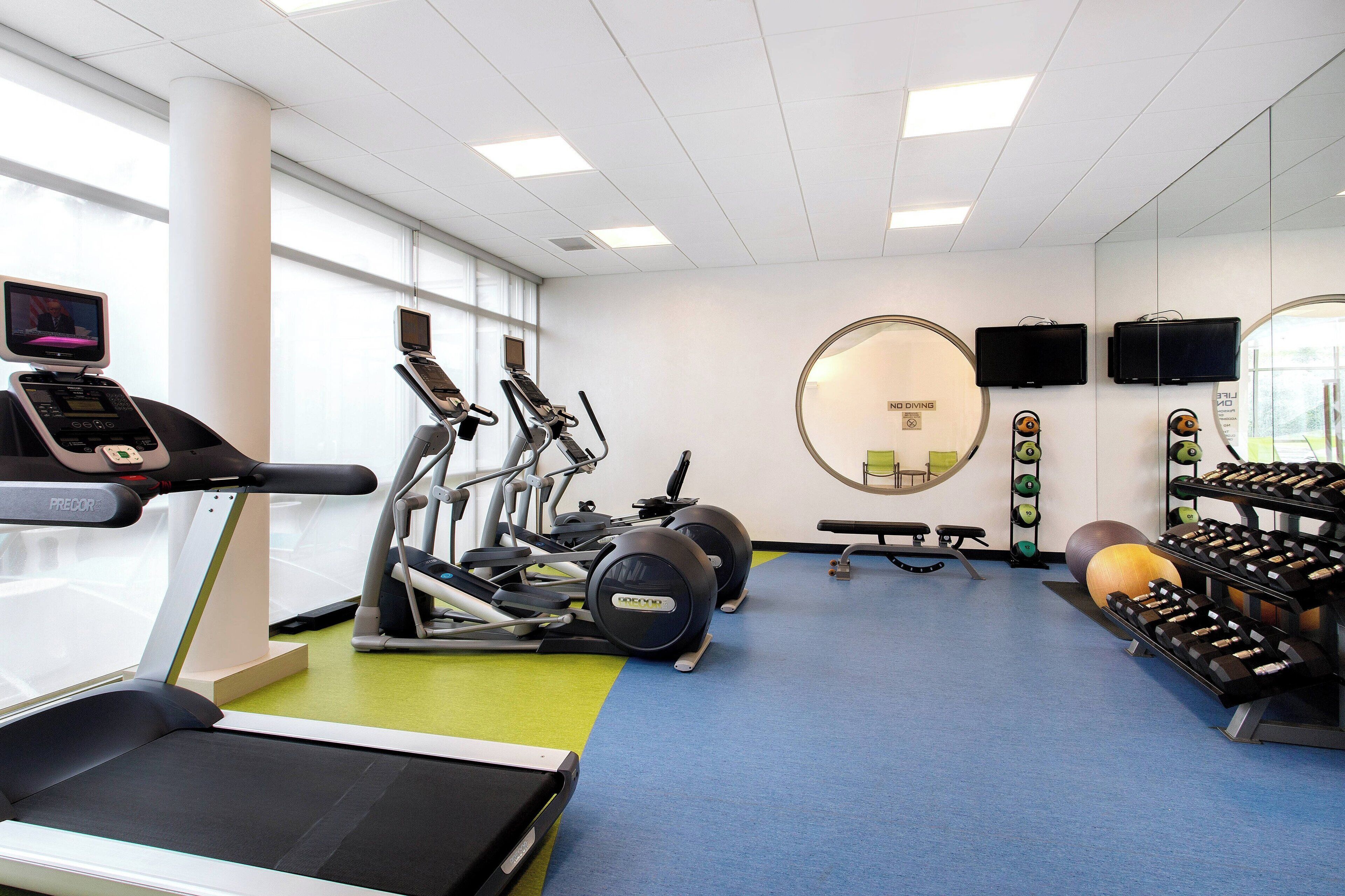 A gym with treadmills, elliptical machines, and free weights.