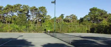 An outdoor tennis court with a net, surrounded by trees and a fence.