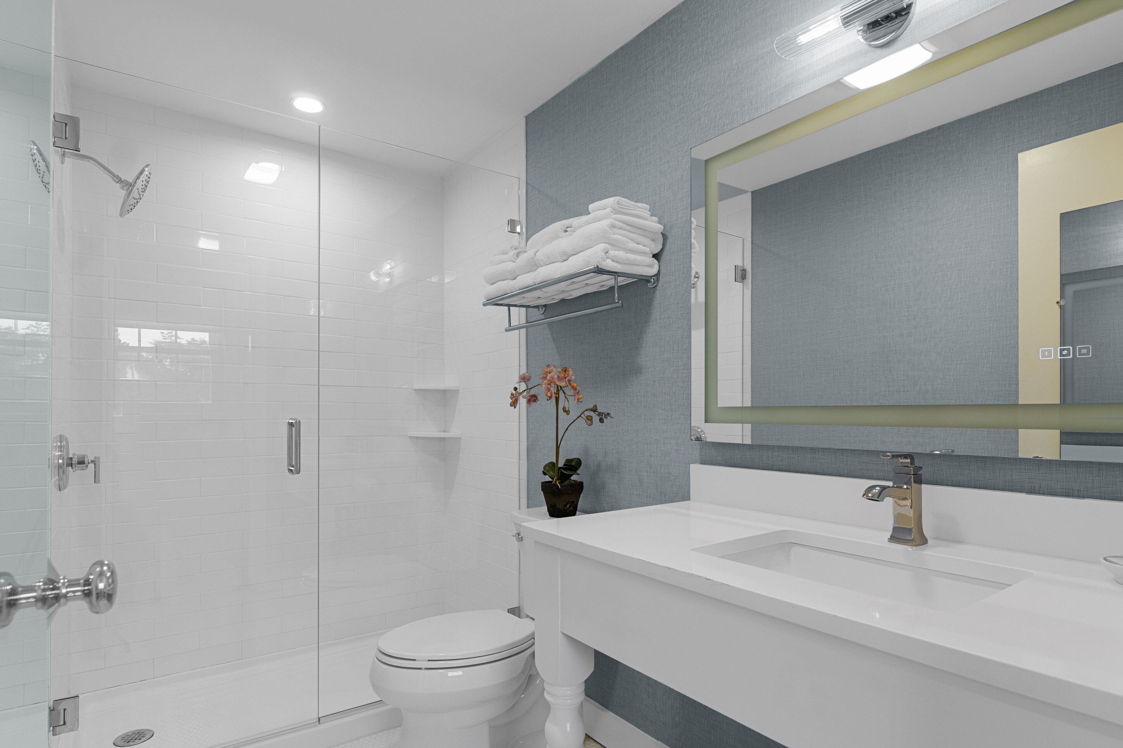 Un baño moderno con cabina de ducha de vidrio, inodoro blanco, lavamanos con espejo y una orquídea en maceta.