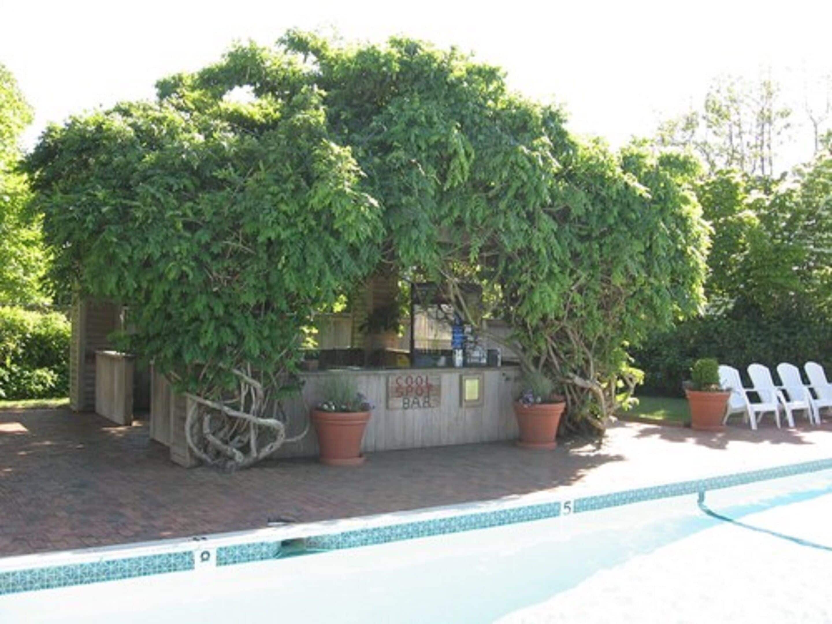 A pool area with a small structure surrounded by potted plants and white chairs.