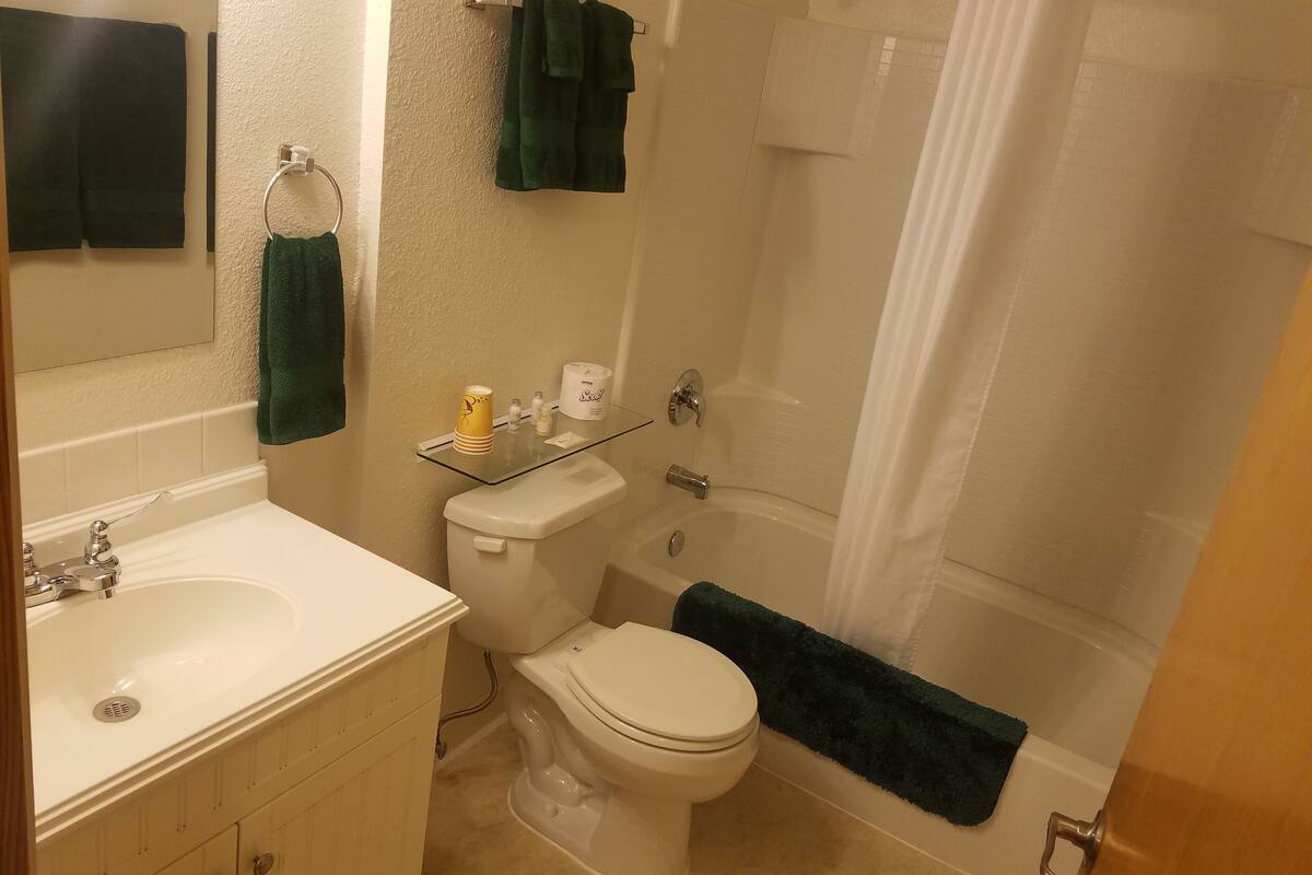 A bathroom with a sink, toilet, and shower.