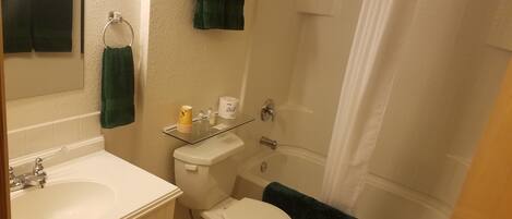 A bathroom with a sink, toilet, and shower.