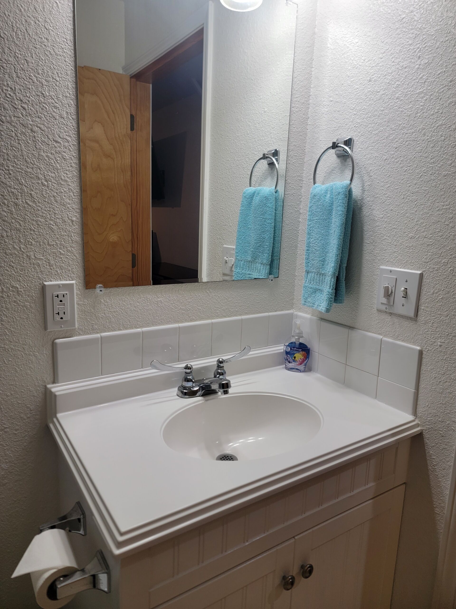 A bathroom with a white sink, a mirror, two towels hanging on towel bars, a soap dispenser, and a toilet paper holder.