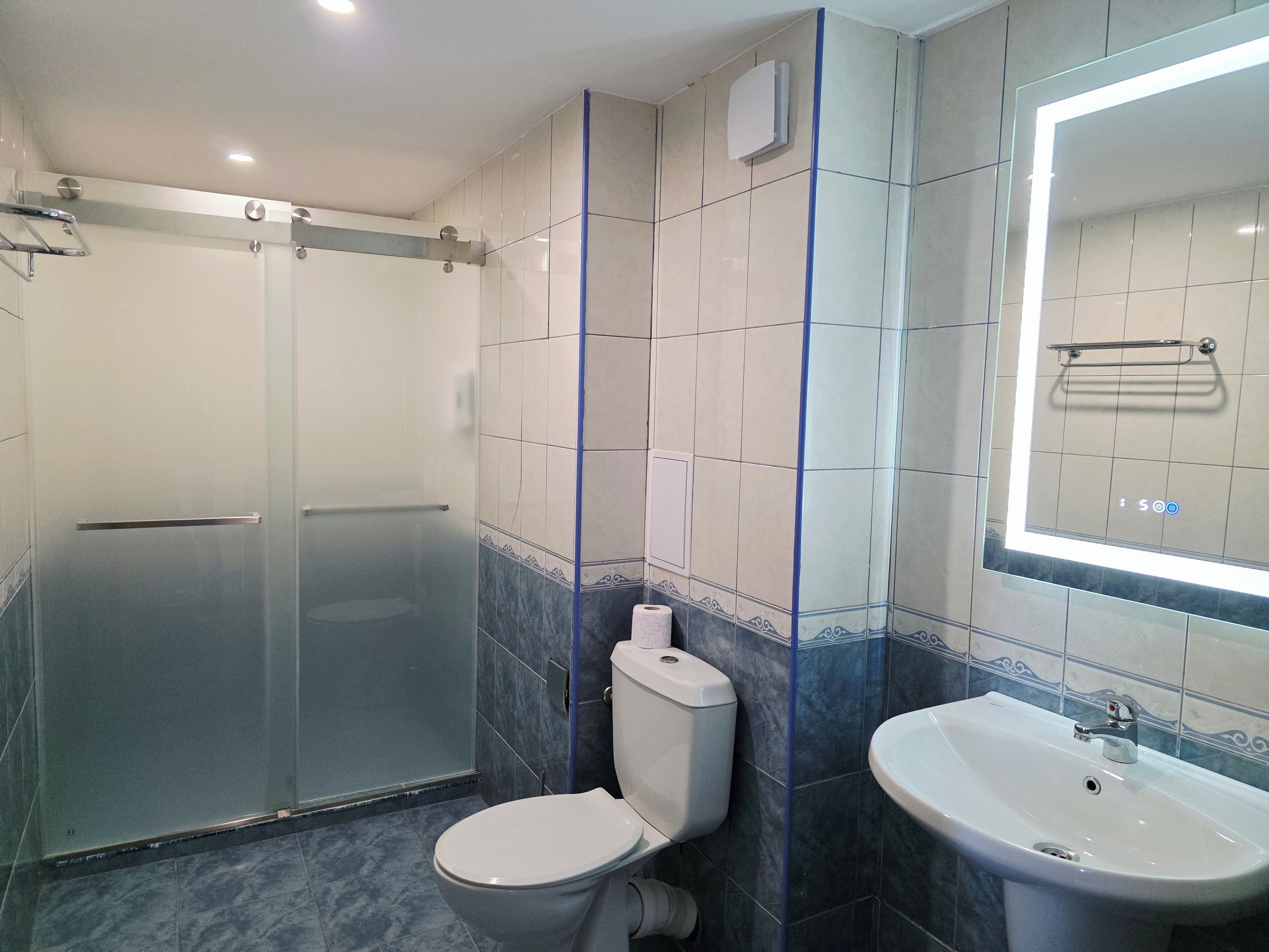 A modern bathroom with a glass-enclosed shower, a toilet, and a sink with a mirror above it.
