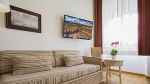 A striped sofa, a television, a small table with a potted plant, and a window with curtains. - Piazza Paradiso Accomodation (Siena)