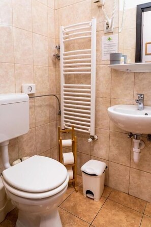 Standaard eenpersoonskamer | Badkamer | Een douche, een haardroger, handdoeken, zeep