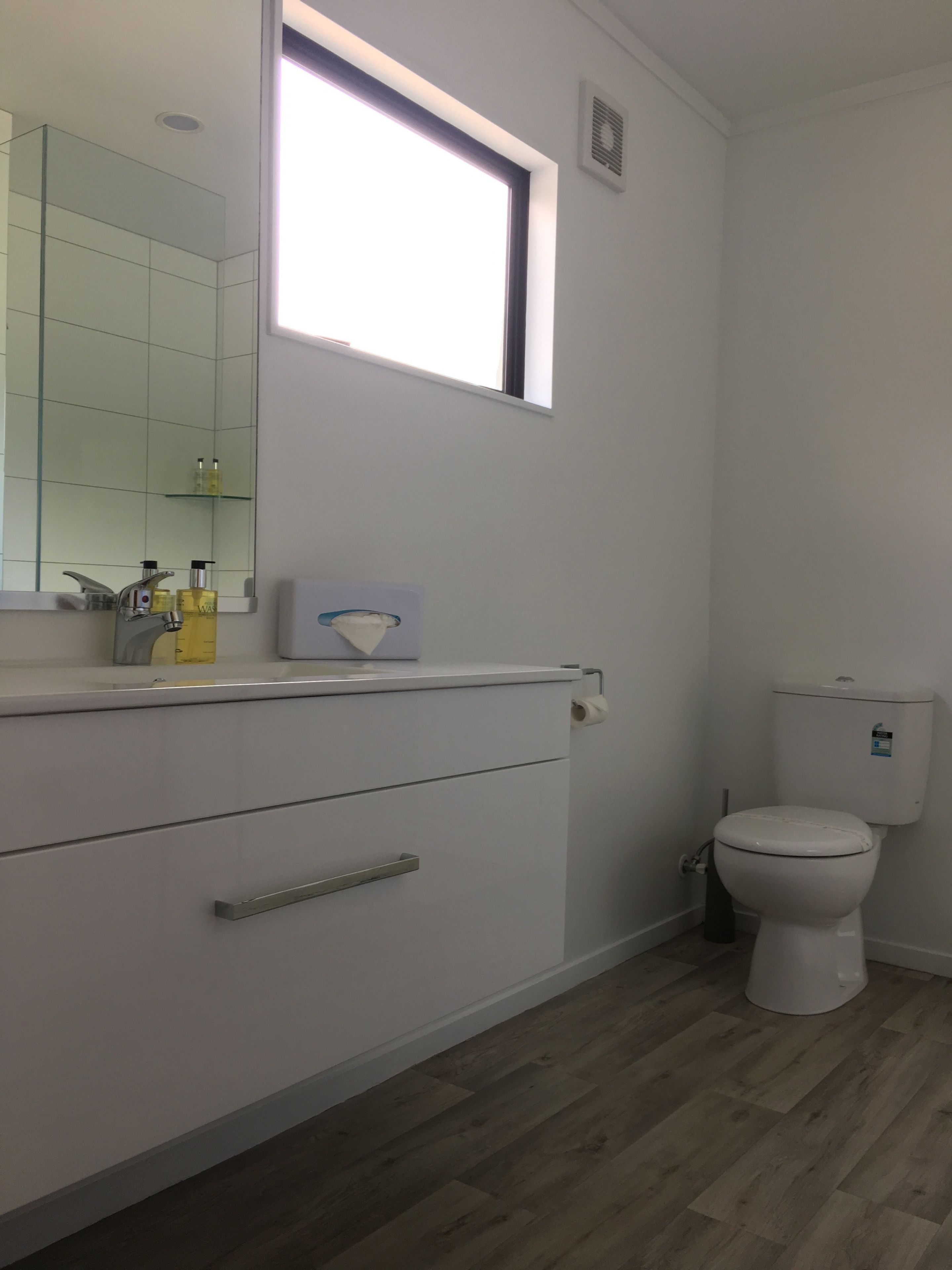 A bathroom with a white toilet, a mirror, and a window.