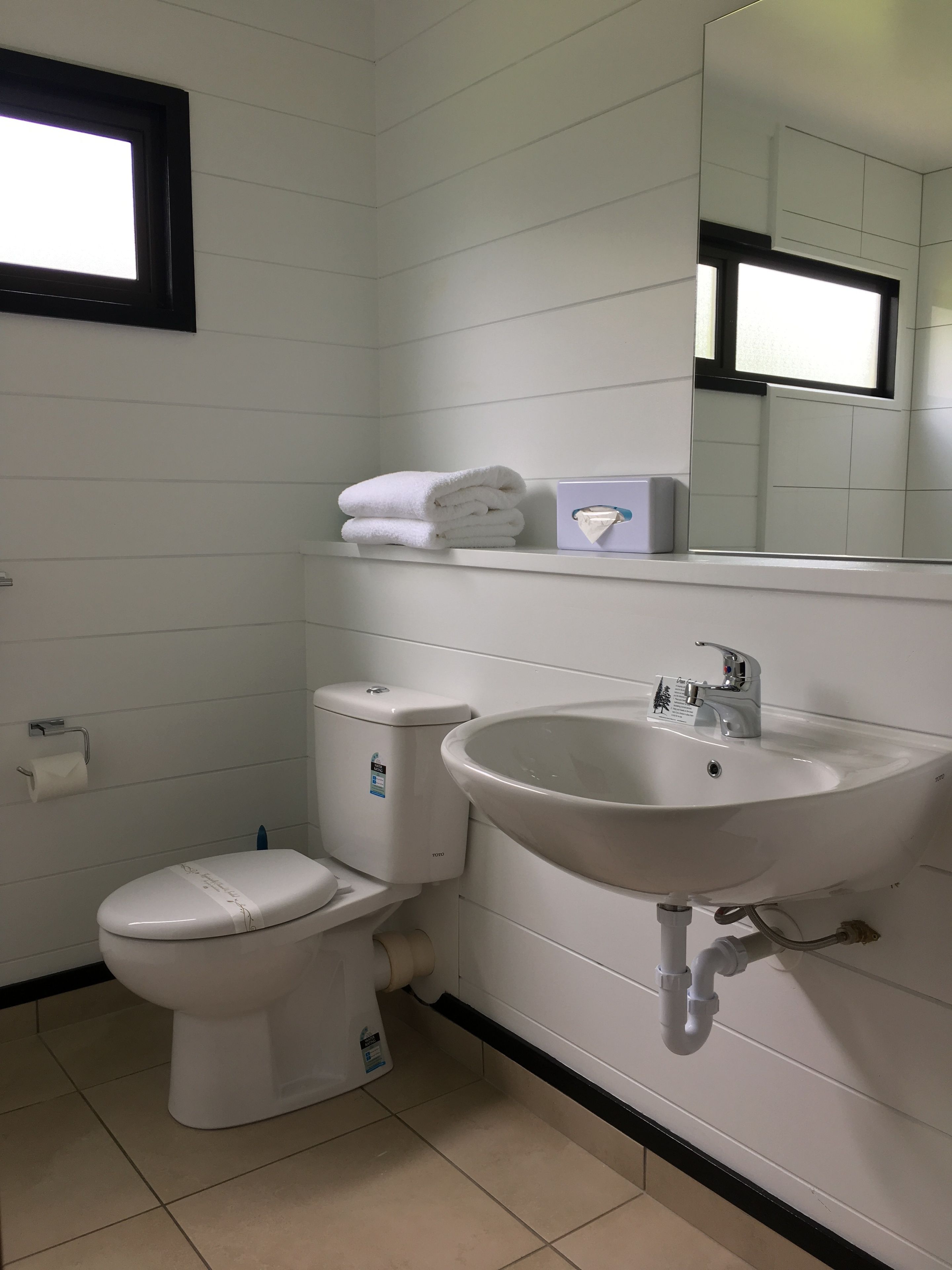 A bathroom with a toilet, sink, and a mirror.