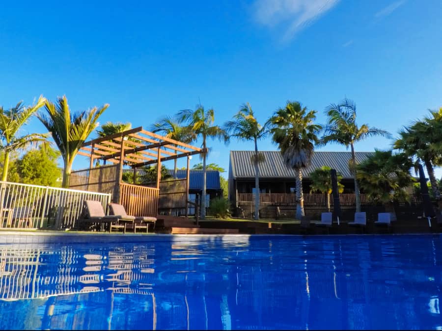 Outdoor pool, pool umbrellas, sun loungers