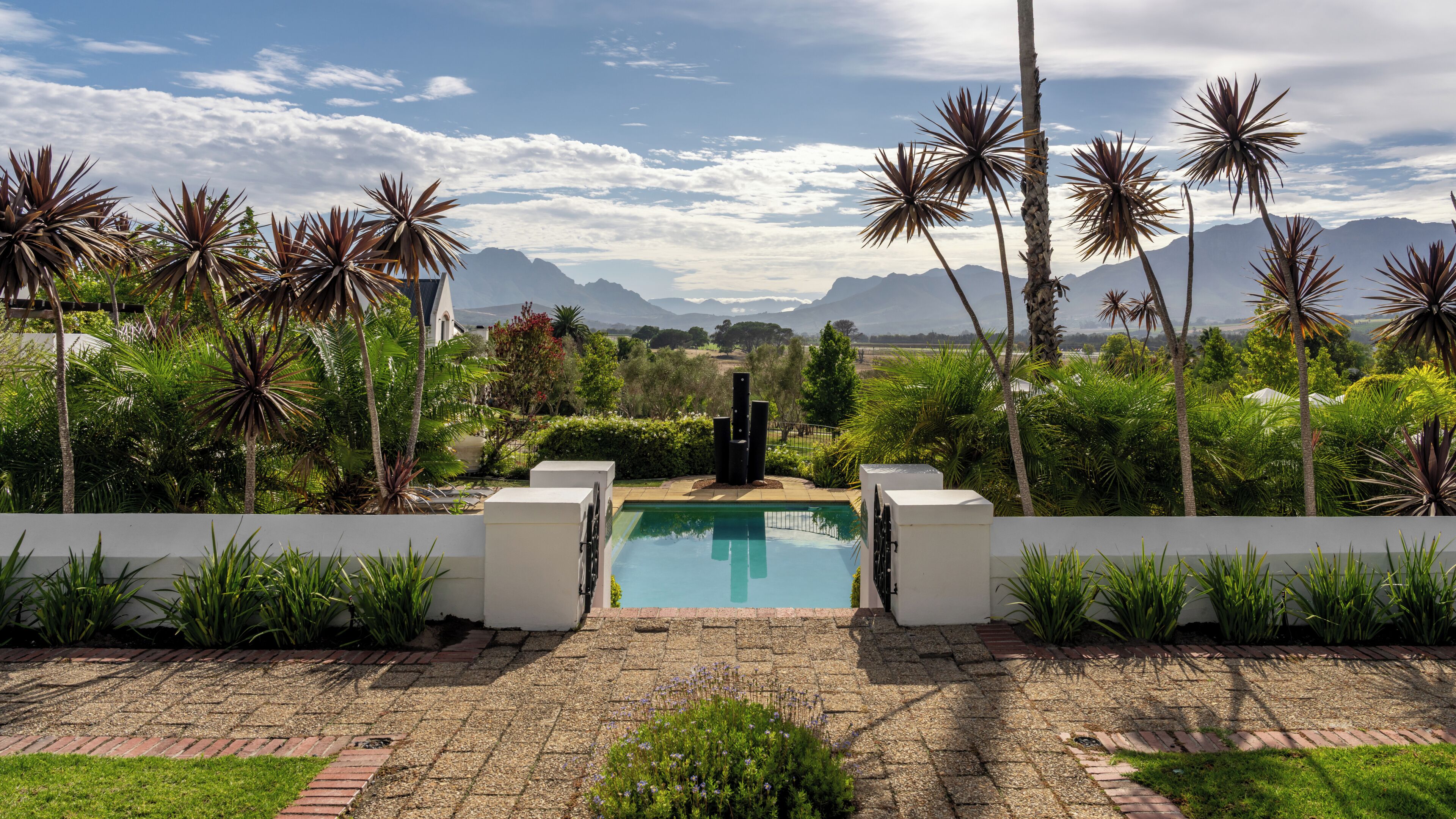 A pool with a view of mountains, surrounded by palm trees and greenery.