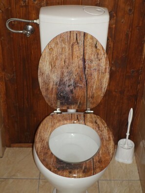 Des toilettes avec un abattant et un couvercle en bois.