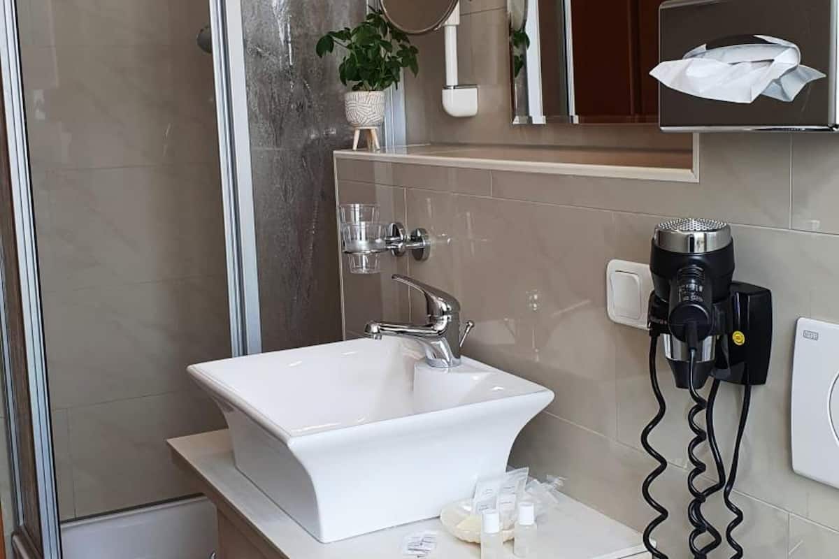 shower, rainfall showerhead, free toiletries, hair dryer