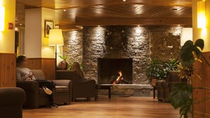 Un hall acogedor con chimenea de piedra, muebles de madera y un ambiente cálido.