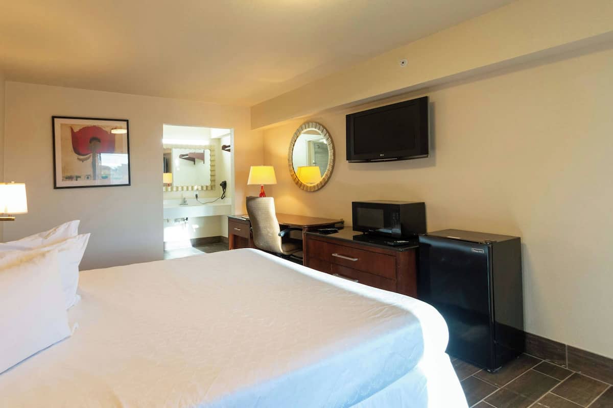 Una habitación de hotel con una cama, un escritorio con una computadora, un televisor y un espejo.
