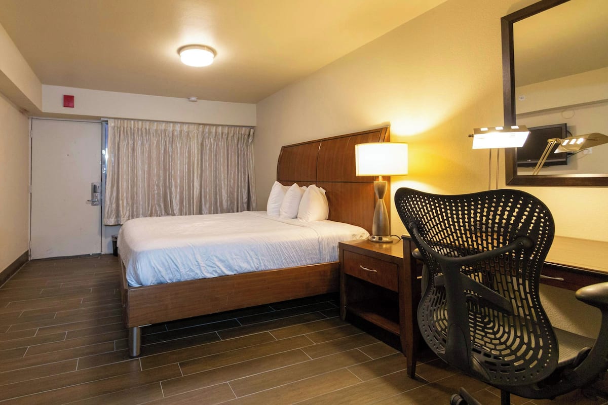 Una habitación de hotel con cama, escritorio con lámpara, silla, televisor y espejo.