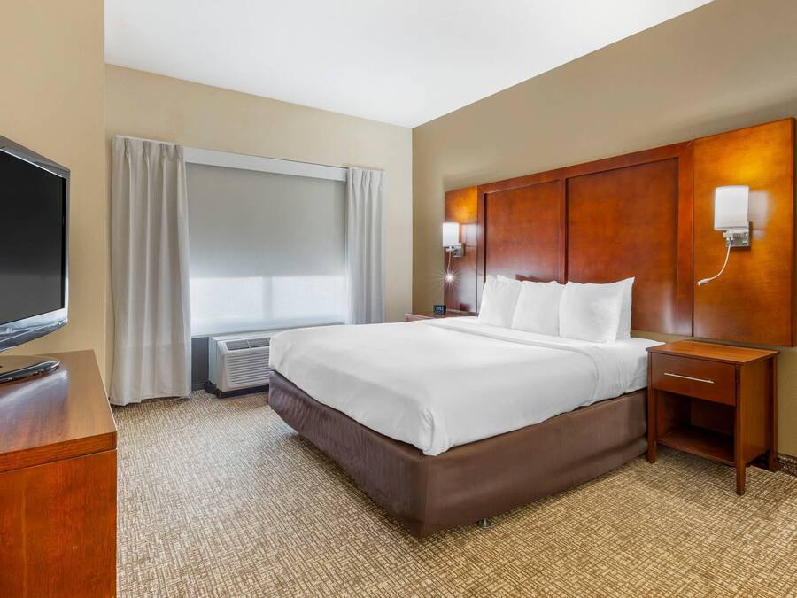 Une chambre d’hôtel avec un grand lit, un téléviseur à écran plat, une table de chevet et un luminaire fixé au mur.