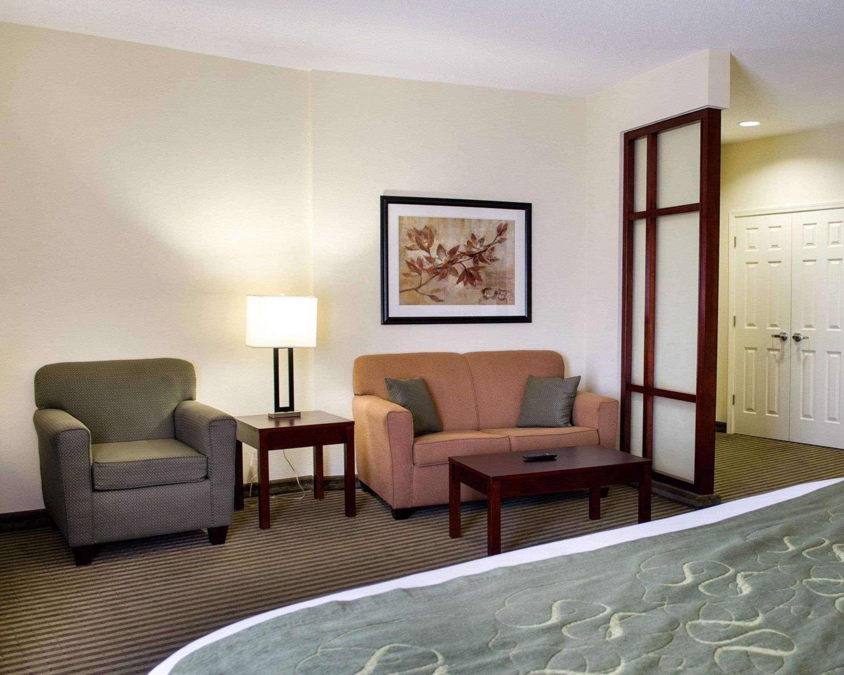 A hotel room with a bed, a sofa, a chair, a small table, a lamp, and a framed picture on the wall.