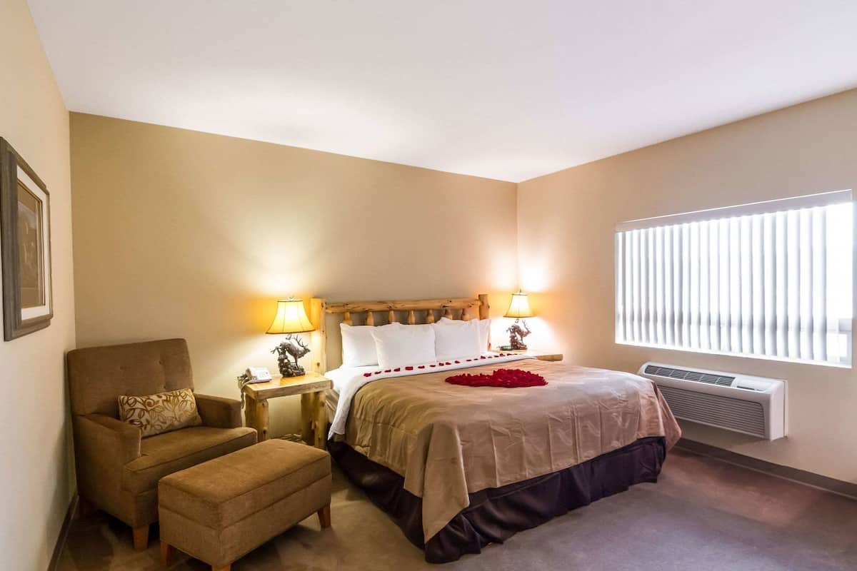A hotel room with a bed, a chair, a bedside table, a lamp, and a window with blinds.