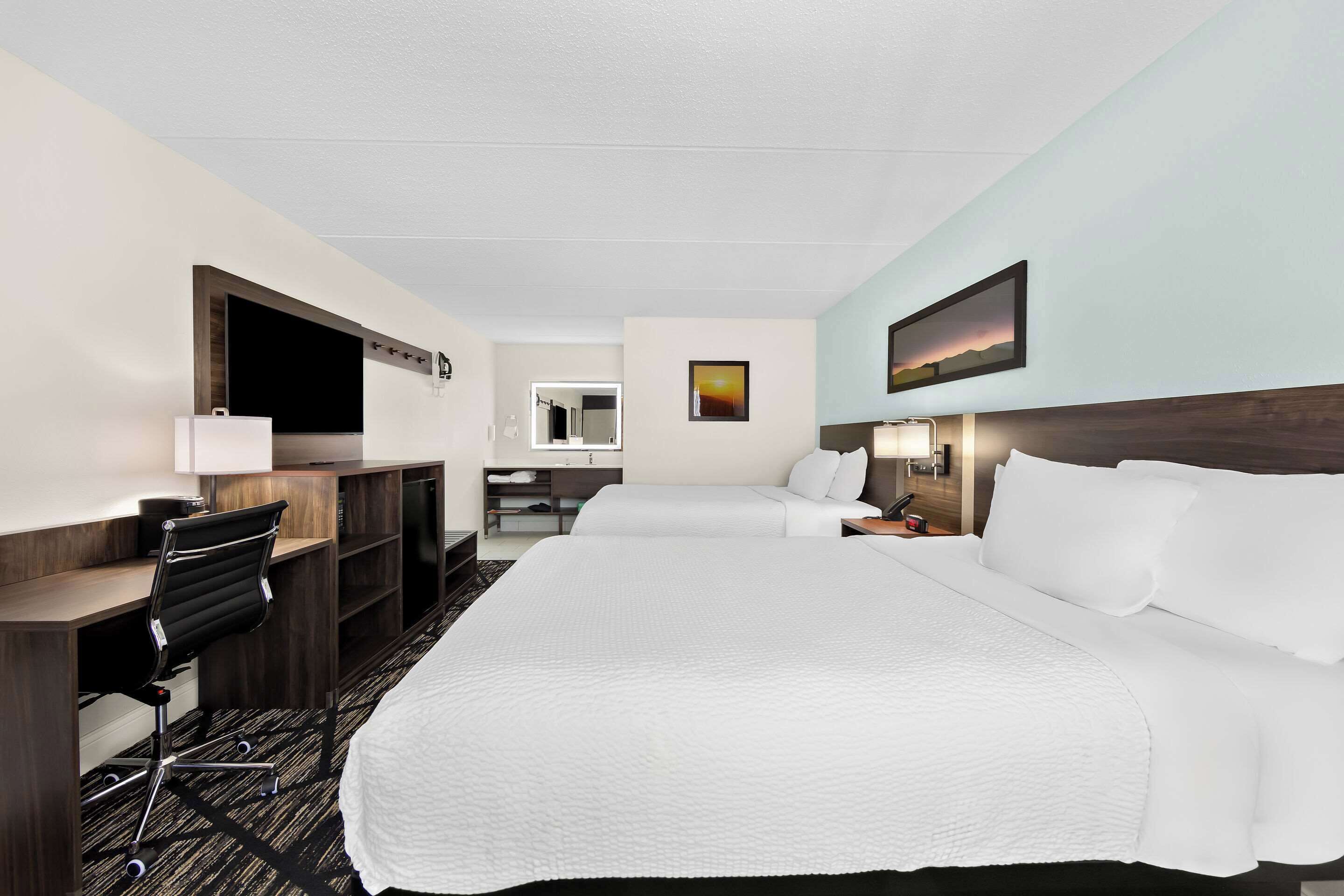 Una habitación de hotel con una cama grande, un escritorio, una silla, un televisor y un cuadro en la pared.