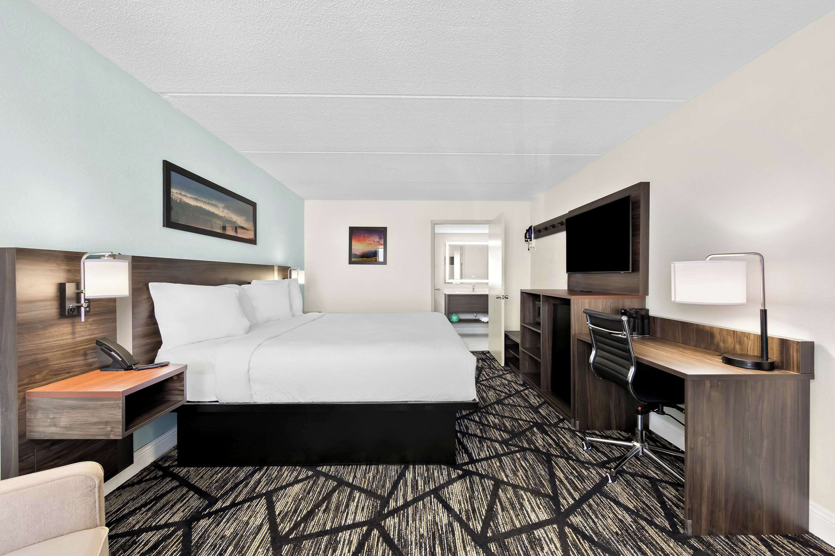 A hotel room with a bed, a desk, a chair, a TV, and a painting on the wall.