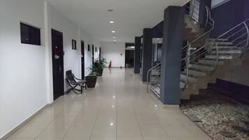 Um corredor limpo e moderno, com uma escada à direita, um banco e uma planta em vaso.