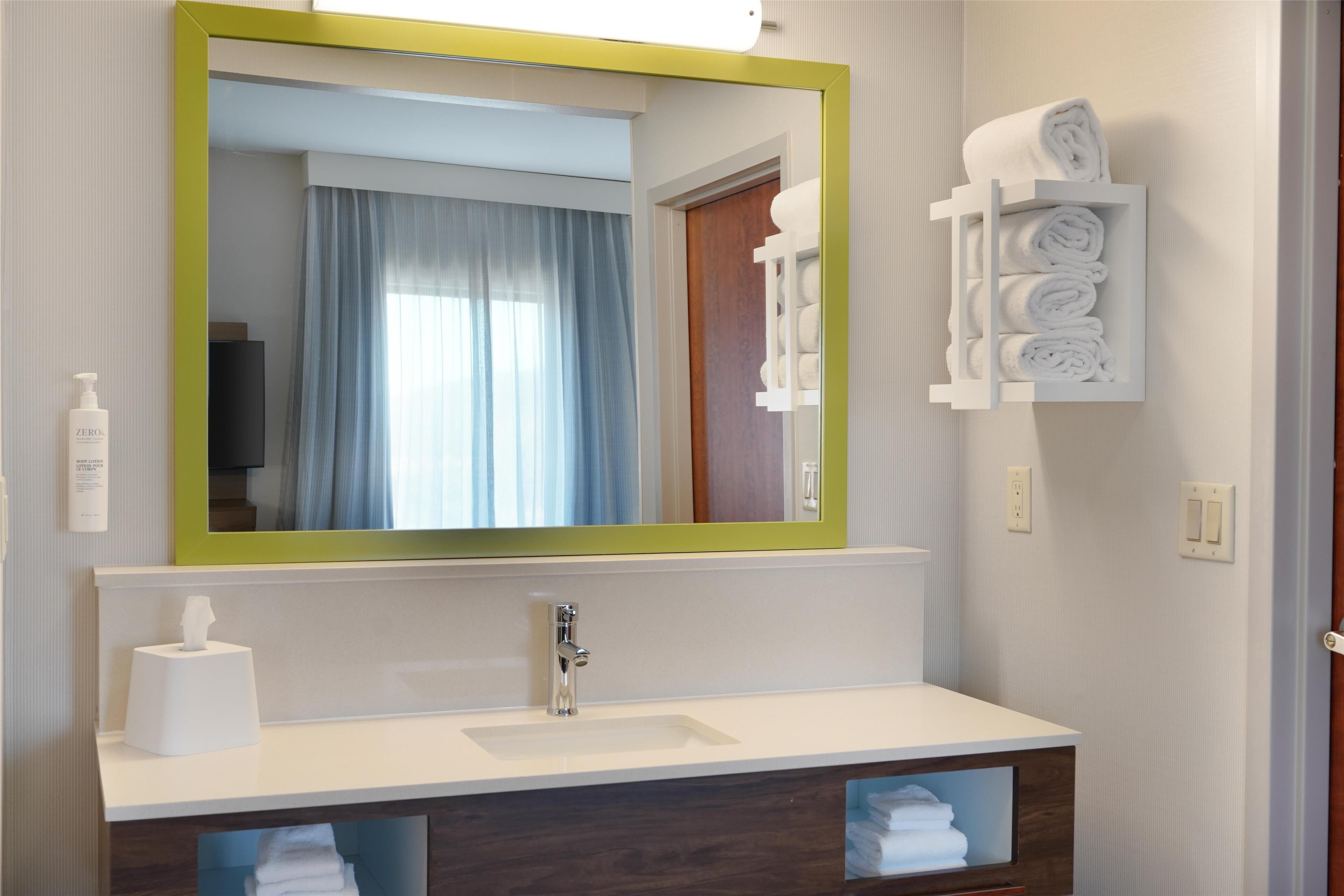 king studio suite | bathroom | hair dryer, towels