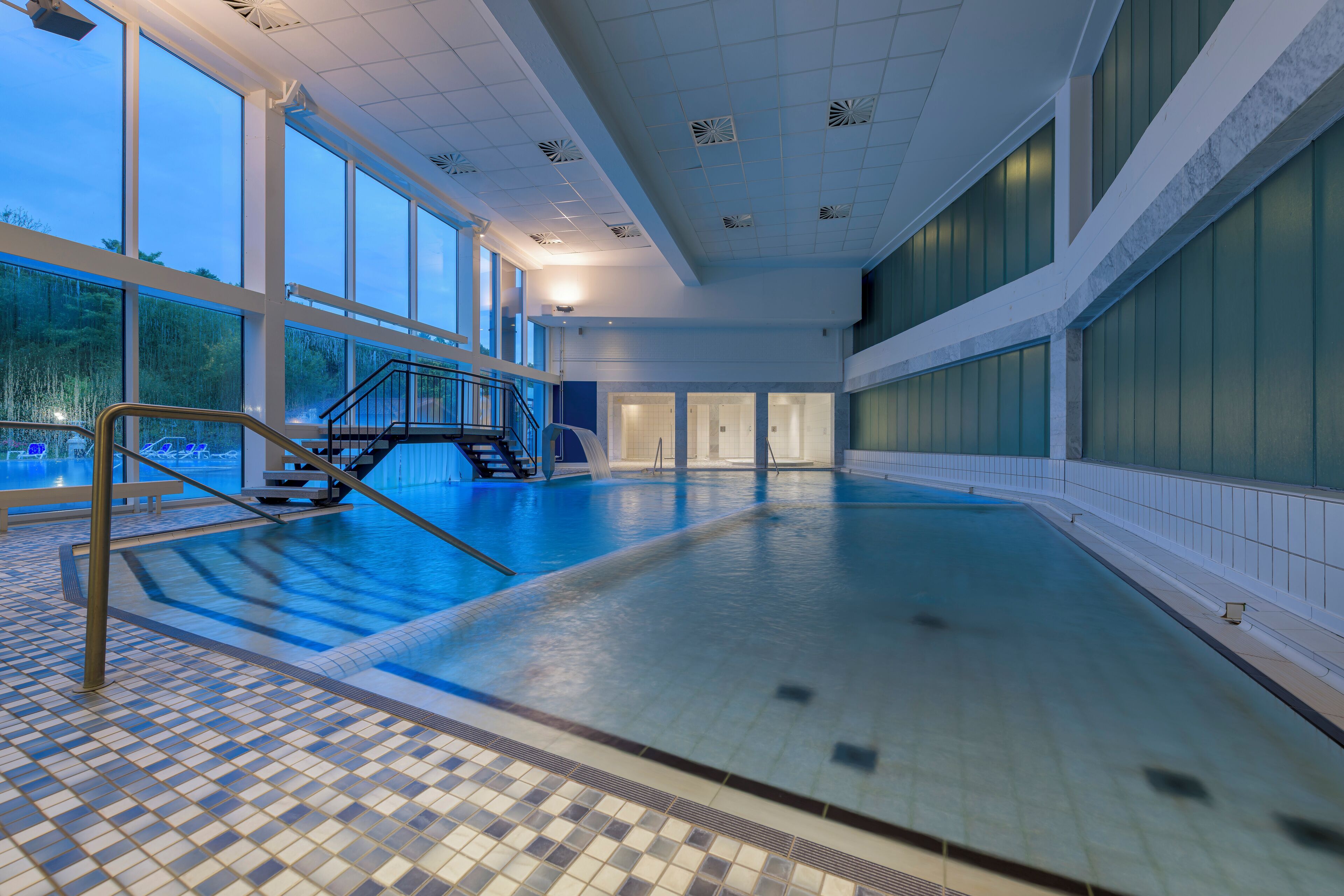 Indoor pool, outdoor pool, open 10:00 AM to 8:00 PM, pool loungers