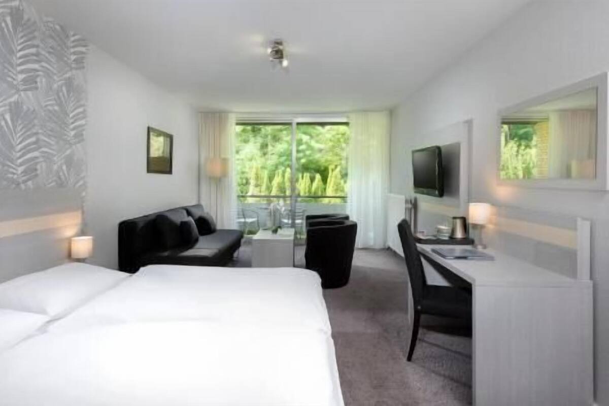 A hotel room with a bed, a desk, a chair, a sofa, a TV, and a balcony with a view of greenery.