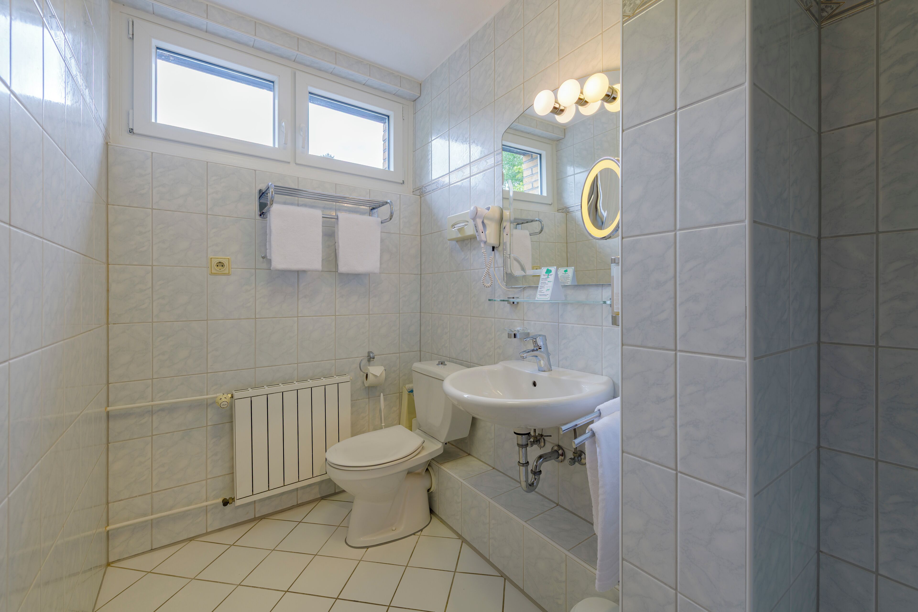 A bathroom with a toilet, sink, and mirror. There are two windows and a towel rack.