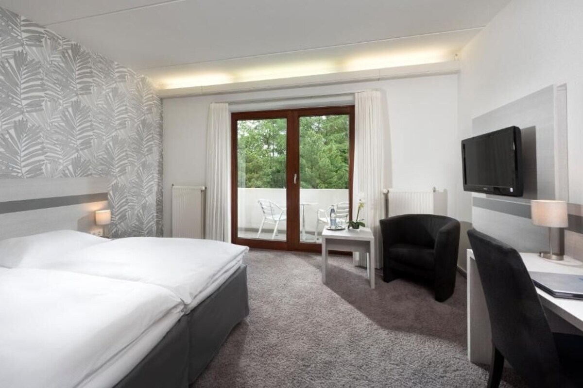 A hotel room with a bed, a desk, a chair, a TV, and a balcony with a view of trees.