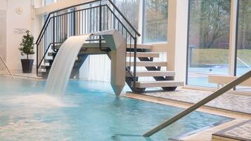 Indoor pool, outdoor pool, open 10:00 AM to 8:00 PM, pool loungers