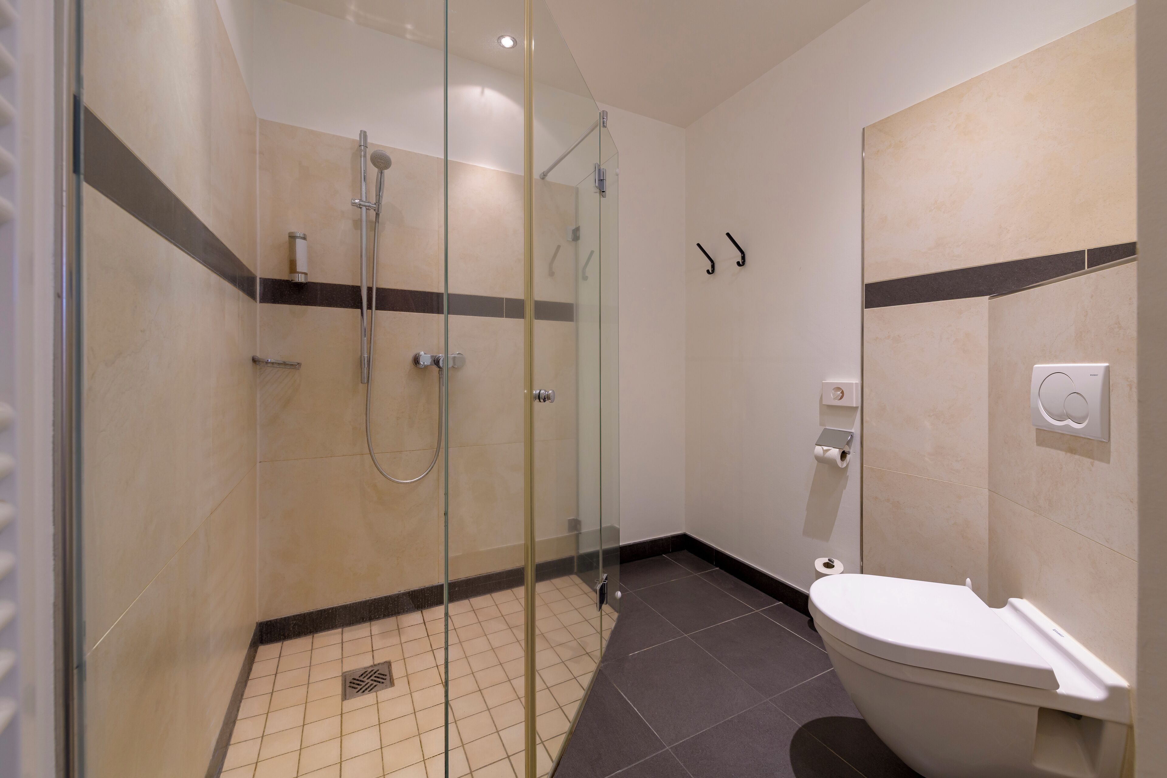 A modern bathroom with a glass-enclosed shower, a white toilet, and a towel rack.