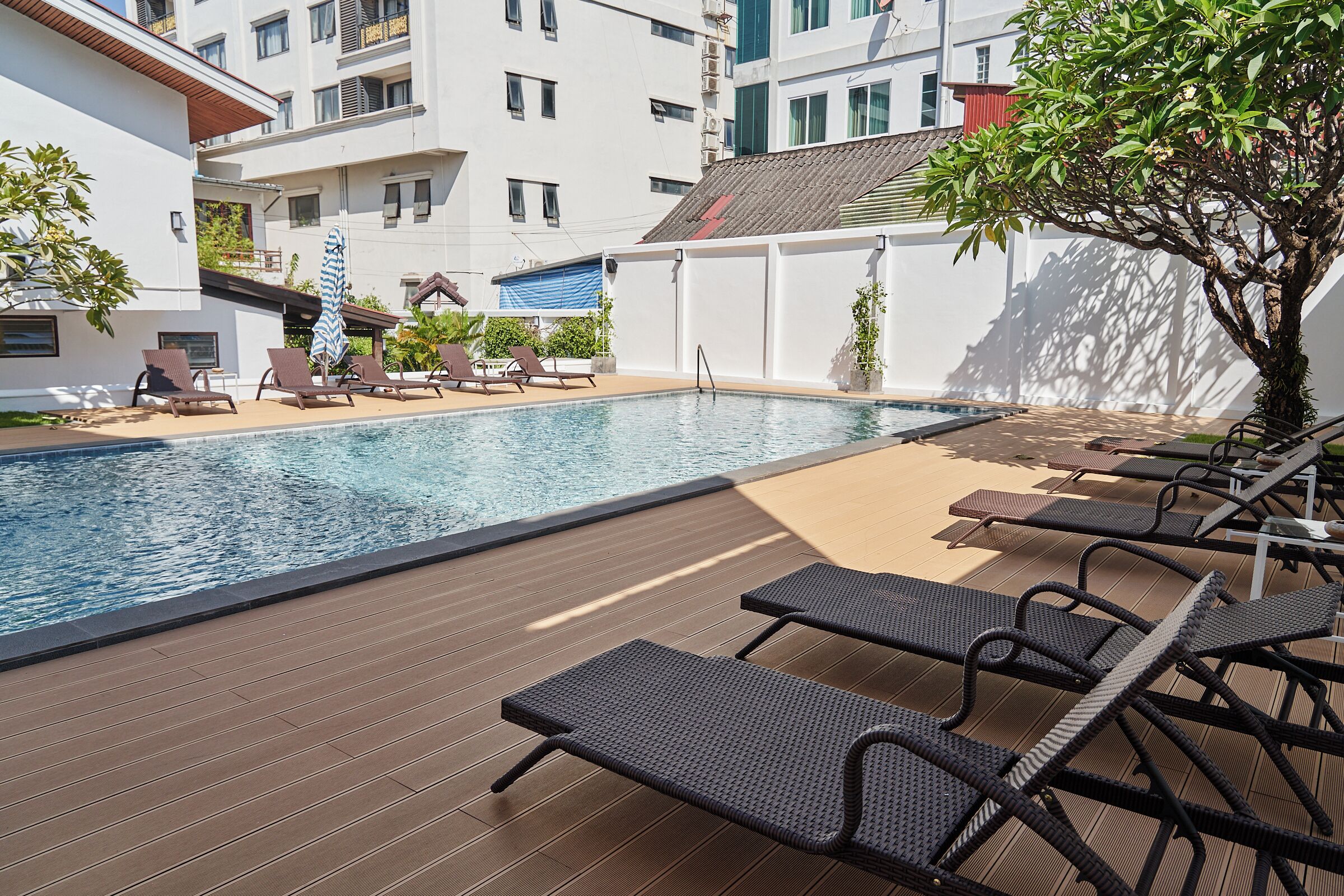 A swimming pool with lounge chairs and a tree.