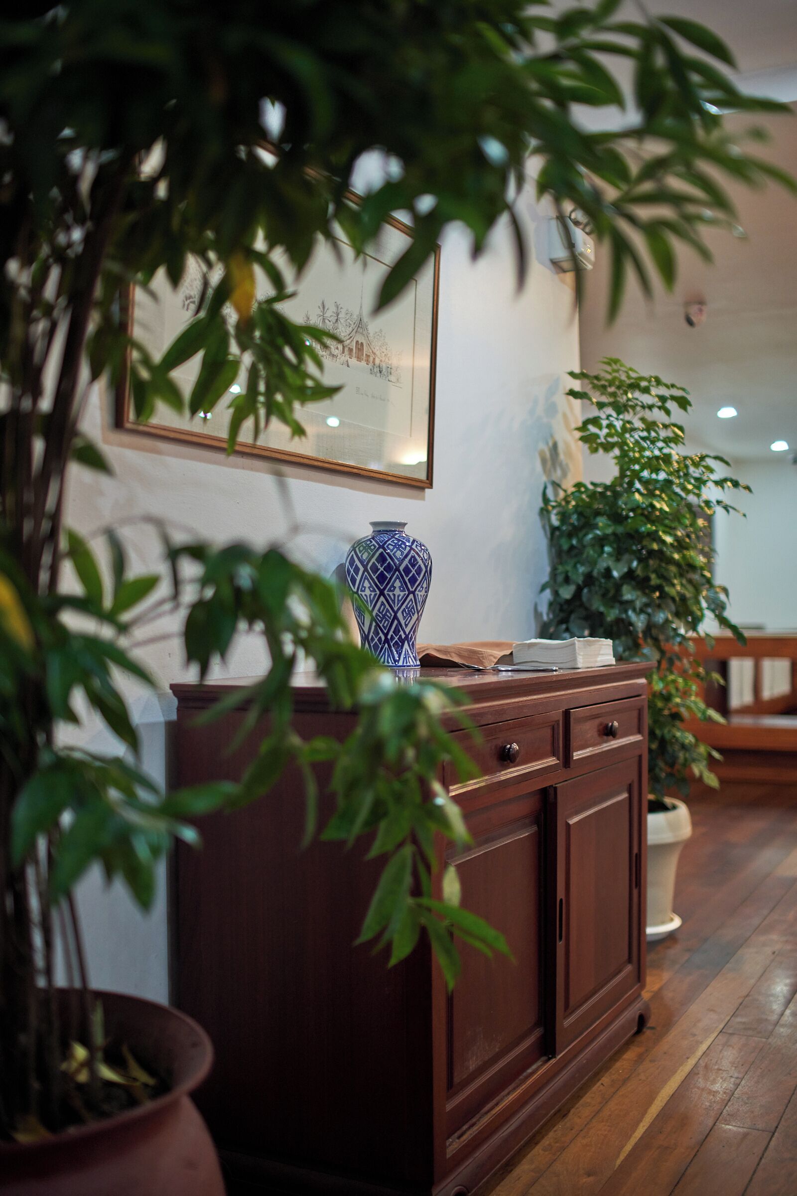A wooden cabinet with drawers, a blue vase, and a potted plant in the foreground.