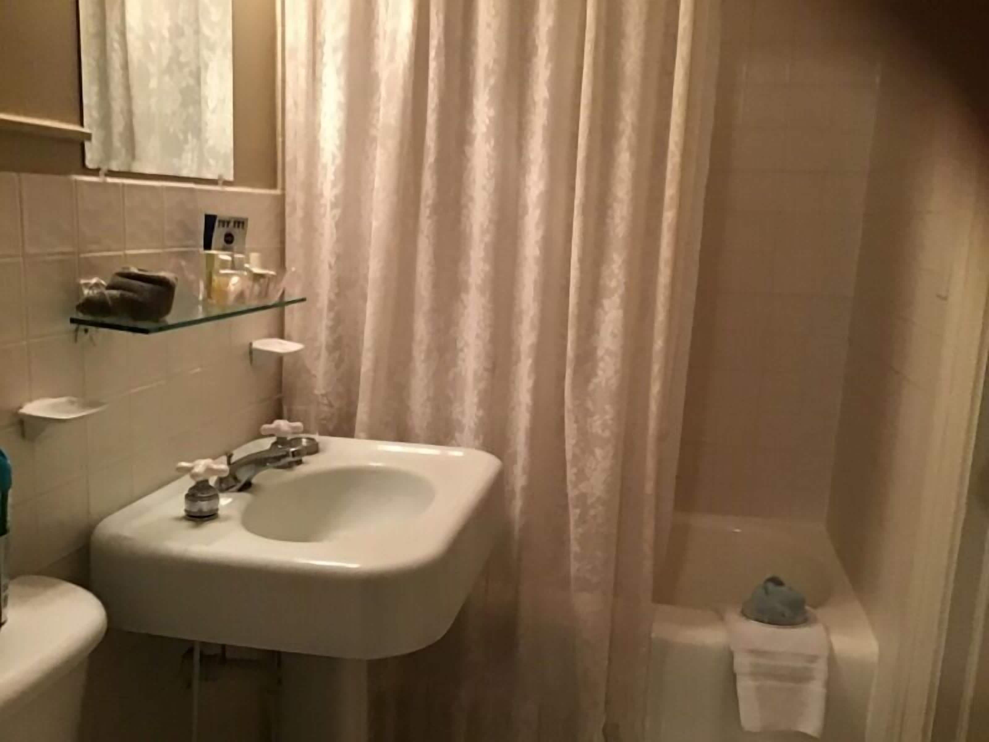 A bathroom with a white sink, a glass shelf with toiletries, and a shower curtain.