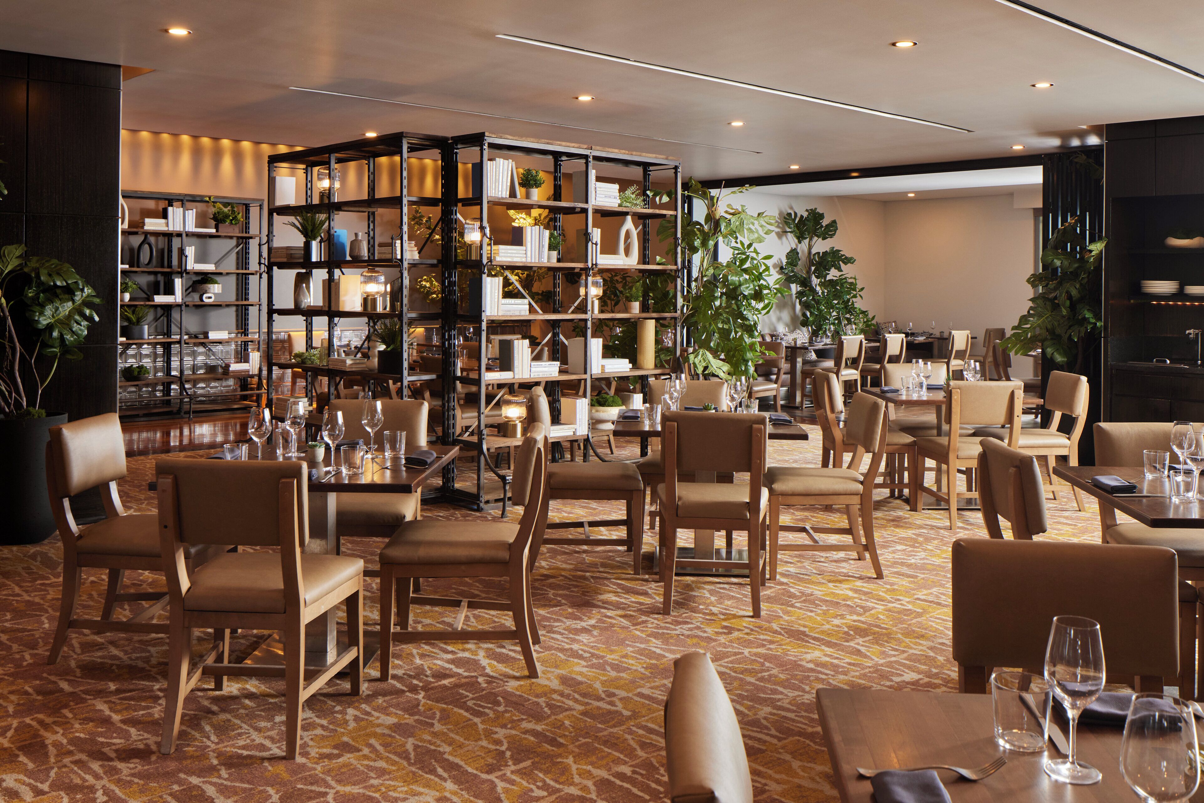 Un comedor de hotel con varias mesas y sillas, una estantería grande y plantas en macetas.