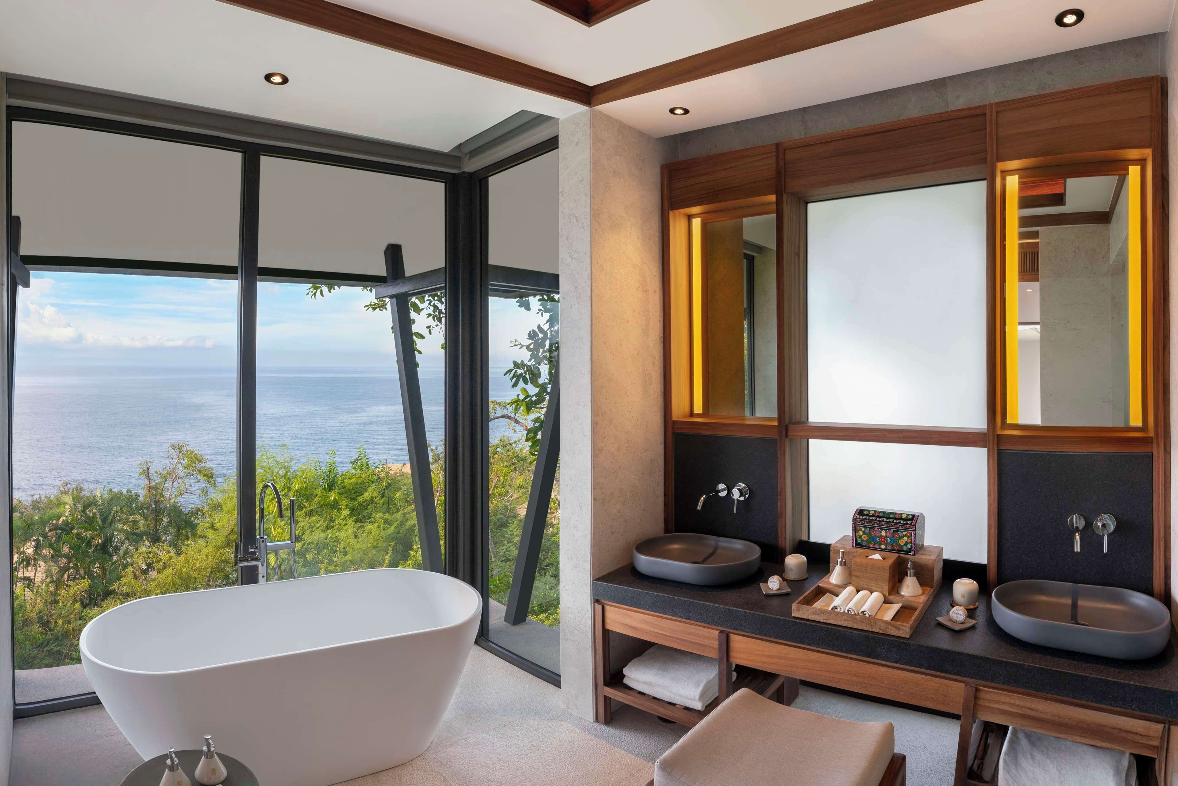 separate bathtub and shower, deep-soaking bathtub, rainfall showerhead